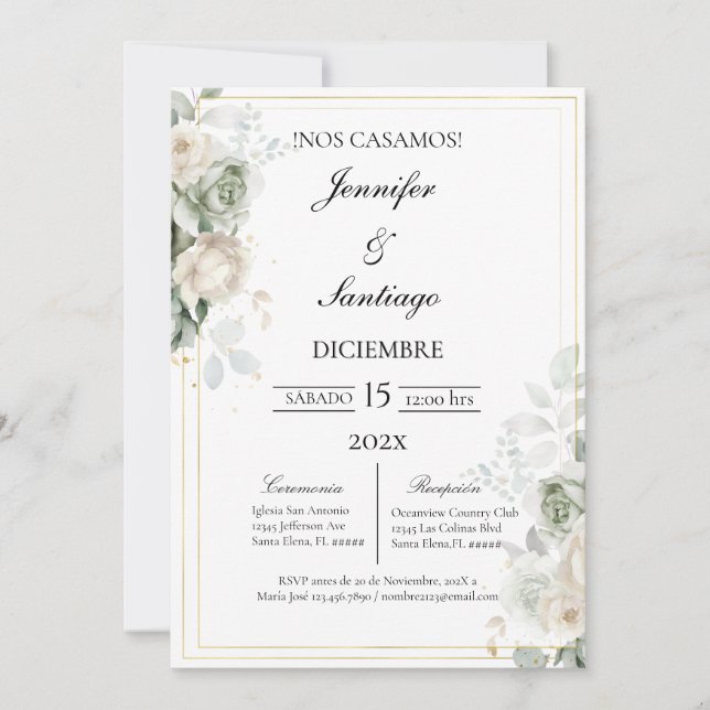 Convite Invitación elegante con flor blanca para boda (Frente)