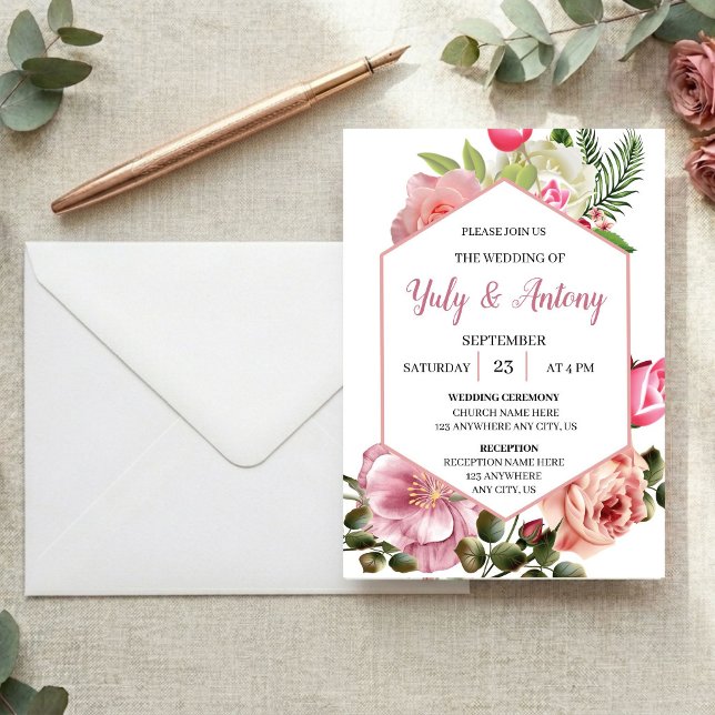 Convite Invitación elegante de boda floral rosa con blanco (Elegant Pink Floral & Hexagon Wedding Invitation. Modern, romantic and fully customizable.)