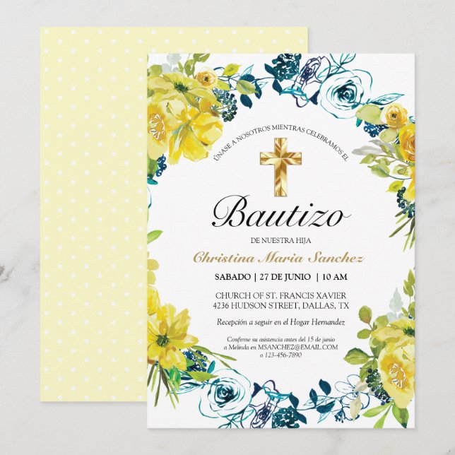 Convite Invitación floral amarilla linda del bautismo (Frente/Verso)