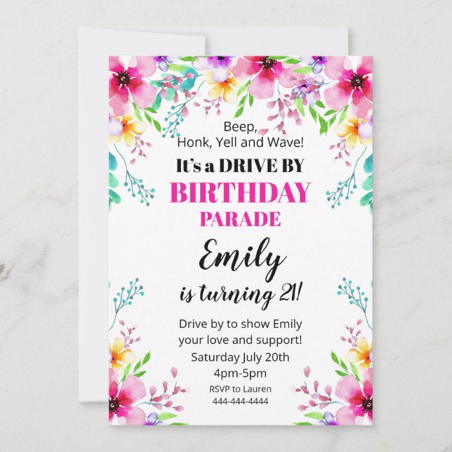 Convite Invitación Floral Birthday Drive By Parade Invitat (Frente)