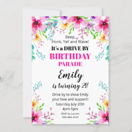 Convite Invitación Floral Birthday Drive By Parade Invitat