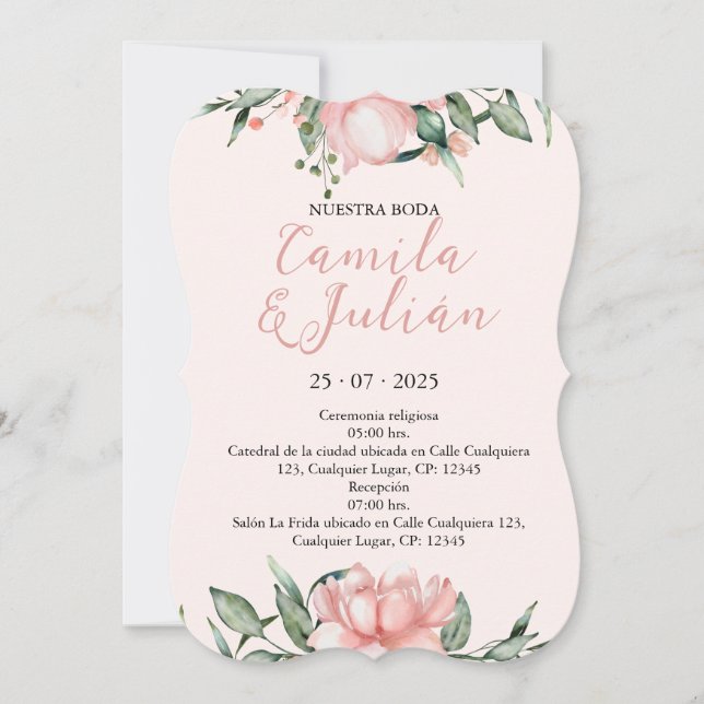 Convite Invitación Floral en Tonos Rosas Pastel (Frente)