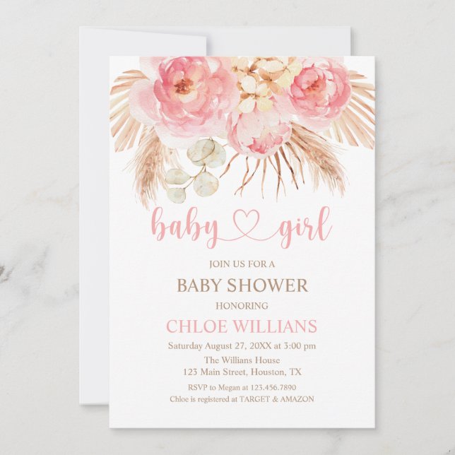 Convite Invitación Floral pink Boho Pampas Baby Girl Invit (Frente)