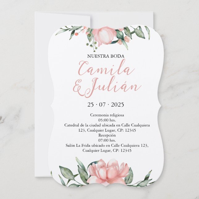 Convite Invitación Floral tonos rosas pastel (Frente)