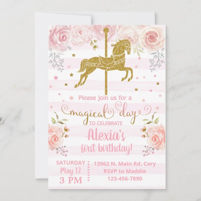 Convite Invitación Gold carousel horse birthday invitation (Frente)