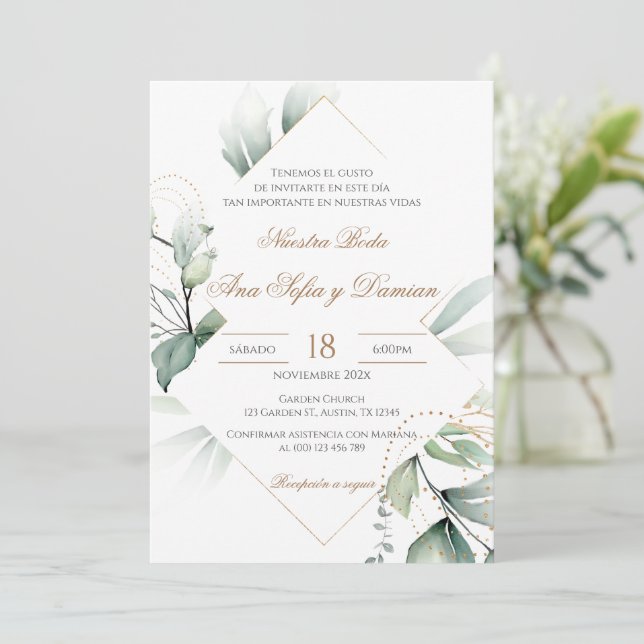Convite Invitación Greenery Spanish Wedding Invitation (Em pé/Frente)