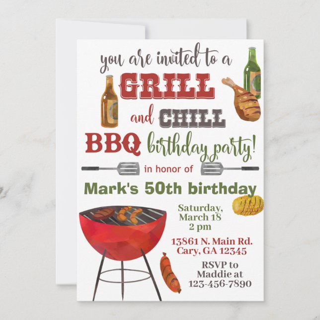 Convite Invitación Grill & Chill BBQ birthday invitation. (Frente)
