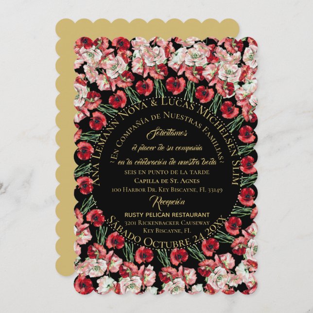 Convite Invitación Matrimonio/Boda Floral Rosa-Rubor Negro (Frente/Verso)