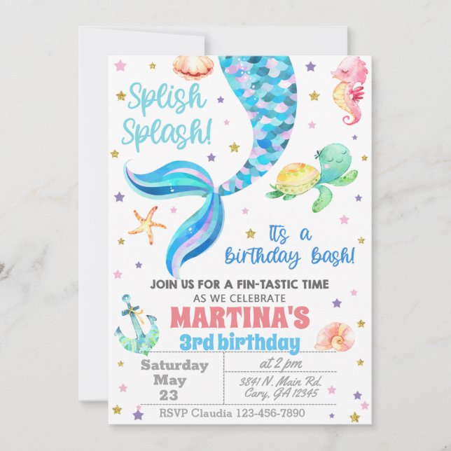 Convite Invitación Mermaid birthday invitation, sea turtle (Frente)