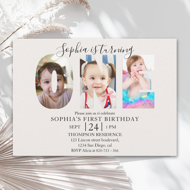 Convite Invitación Minimalist "ONE" First Birthday Photo G (Criador carregado)