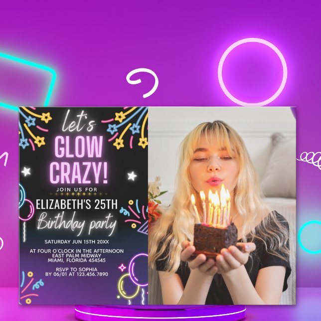 Convite Invitación Neon Glow - Birthday Party with Photo (Criador carregado)