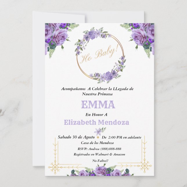 Convite invitacion para Baby Shower con Flores purpura (Frente)