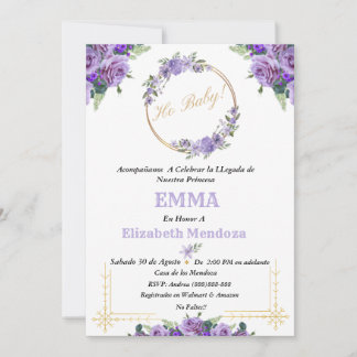 Convite invitacion para Baby Shower con Flores purpura