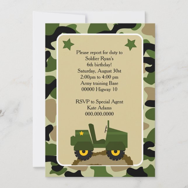 Convite Invitacion para fiesta militar Soldado camuflage (Frente)