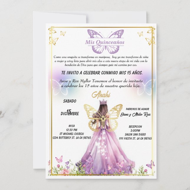 Convite Invitación para fiestas de Quinceaños  (Frente)