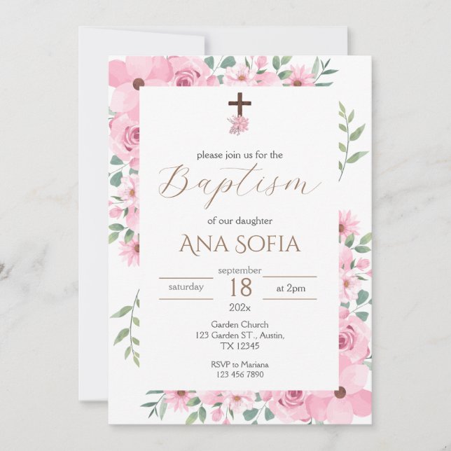 Convite Invitación Pink Baptism Invitation (Frente)