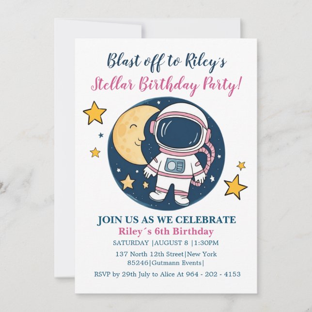 Convite Invitación Pink Blue Cumpleaños Astronauta Fiesta (Frente)