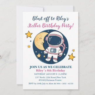 Convite Invitación Pink Blue Cumpleaños Astronauta Fiesta