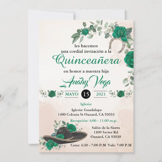 Convite Invitación Quinceañera Charra Emerald verde (Frente)