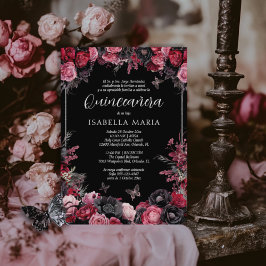 Convite Invitación Quinceañera floral gótica rosada, roja