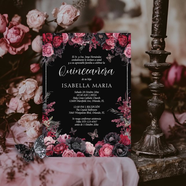 Convite Invitación Quinceañera floral gótica rosada, roja (Gothic quinceanera invitation in Spanish with red, pink and black moody florals.)