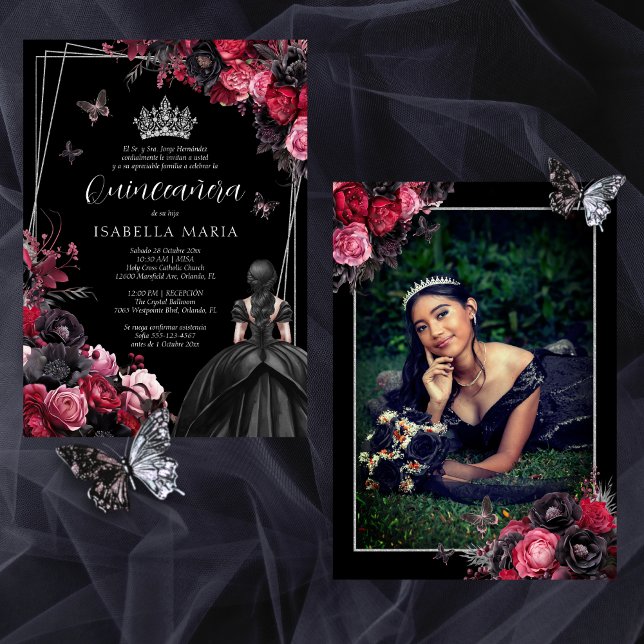 Convite Invitación Quinceañera floral gótica rosada, roja (Gothic quinceañera invitation with princess dress & tiara in moody pink, red and black florals)