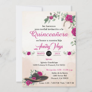 Convite Invitación QUINCEANERA Mariachi Charra Blush Rosa