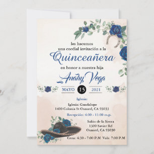 Convite Invitación QUINCEANERA Mariachi Charra Russo Azul