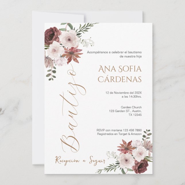 Convite Invitación Spanish Baptism Girl invitation pink (Frente)