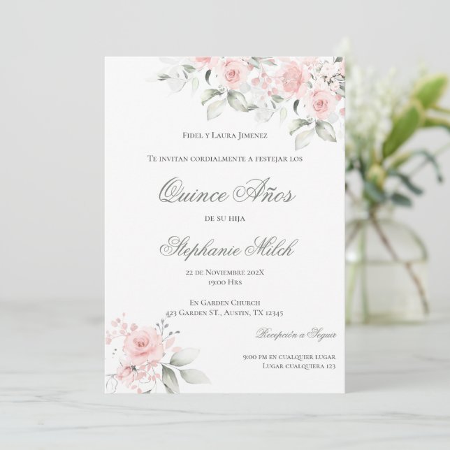 Convite Invitación Spanish Quinceanera pink floral invite (Em pé/Frente)