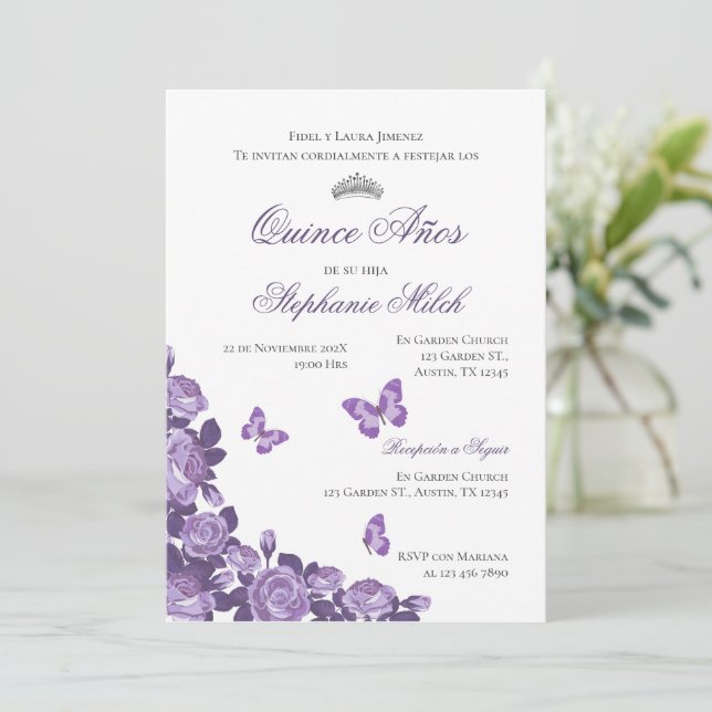 Convite Invitación Spanish Quinceanera purple floral invit (Em pé/Frente)