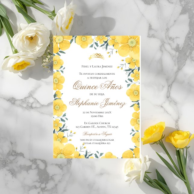 Convite Invitación Spanish Quinceanera yellow floral invit (Criador carregado)