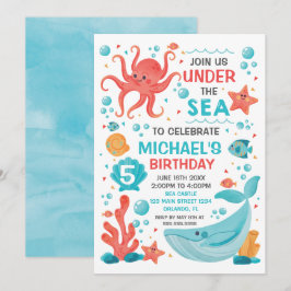 Convite Invitación Under the Sea blue and coral birthday i
