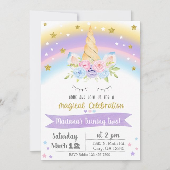 Convite Invitación Unicorn birthday invitation, girl invit (Frente)