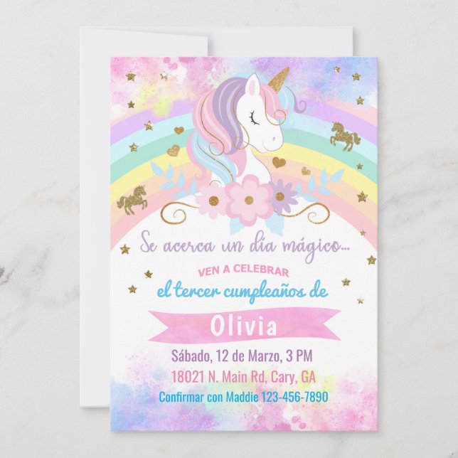 Convite Invitación Unicorn head birthday invitation, Spani (Frente)