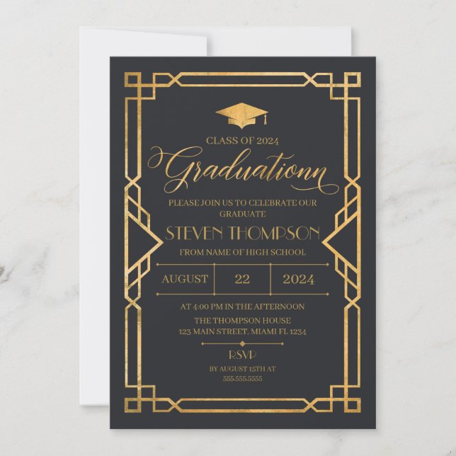 Convite Invitación Vintage Art Deco Graduation Invitation (Frente)