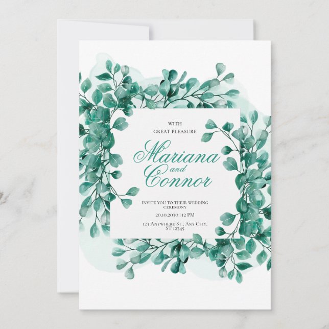 Convite Invitación Watercolor Greenery Botanical Wedding I (Frente)