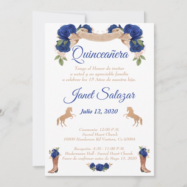 Convite Invitaciones charro Quinceañera Charra azul (Frente)