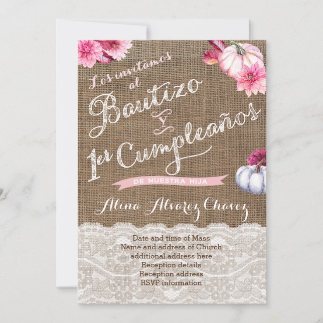 Convite Invitaciónes con calabazas, Bautizo y 1er cumple (Frente)