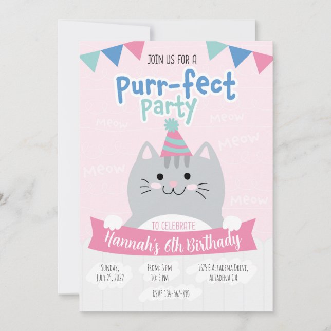 Convite Invitaciones fiesta de cumpleaños cute kitty (Frente)