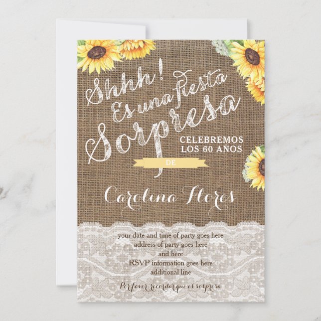 Convite Invitaciones para fiesta sorpresa con girasol (Frente)