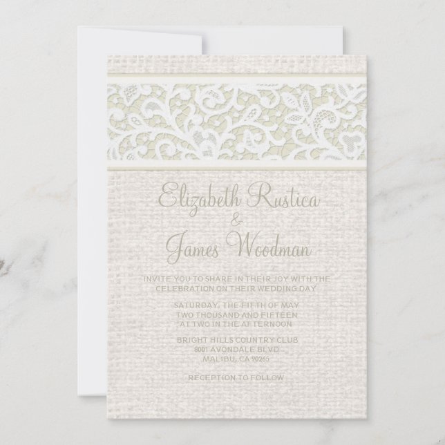 Convite Invitações de Casamento de Ivory Rustic Burlap & L (Frente)