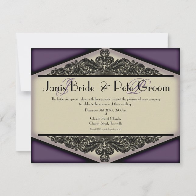 Convite Invitati Vintage-monogrammed, wedding roxo obscuro (Frente)