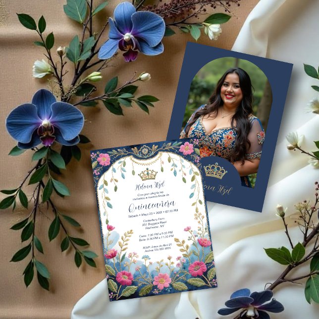 Convite Invitation (Blue Spanish Mexican Inspired Floral Border Embroidery Style Quinceañera Invitation Cards.)