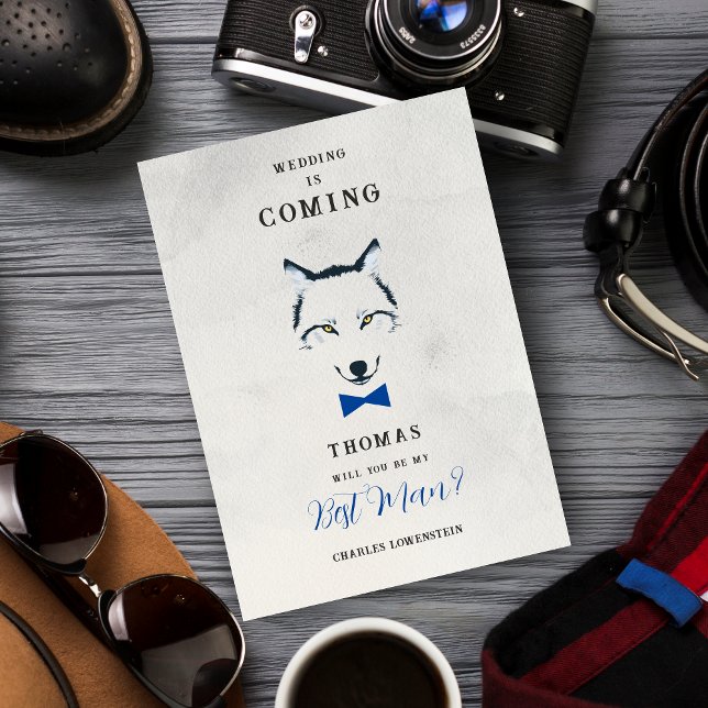 Convite Invitation (Grey Shades Best Man Proposal Card with Blue Bow Tie Featuring Wedding Wolf Design. )