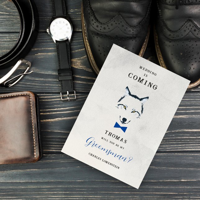 Convite Invitation (Grey Shades Groomsman Proposal Card with Blue Bow Tie Featuring Wedding Wolf Design.)