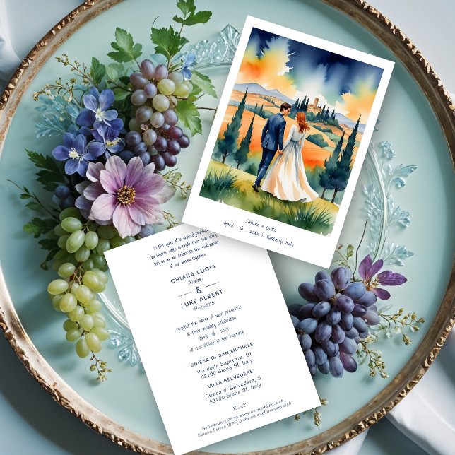 Convite Invitation (Tuscany Italy Colorful Field Landscape Wedding Couple Illustration Invitations Cards.)