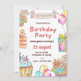 Convite Invitation 6th BirthdayPink Watercolor  for Girls
