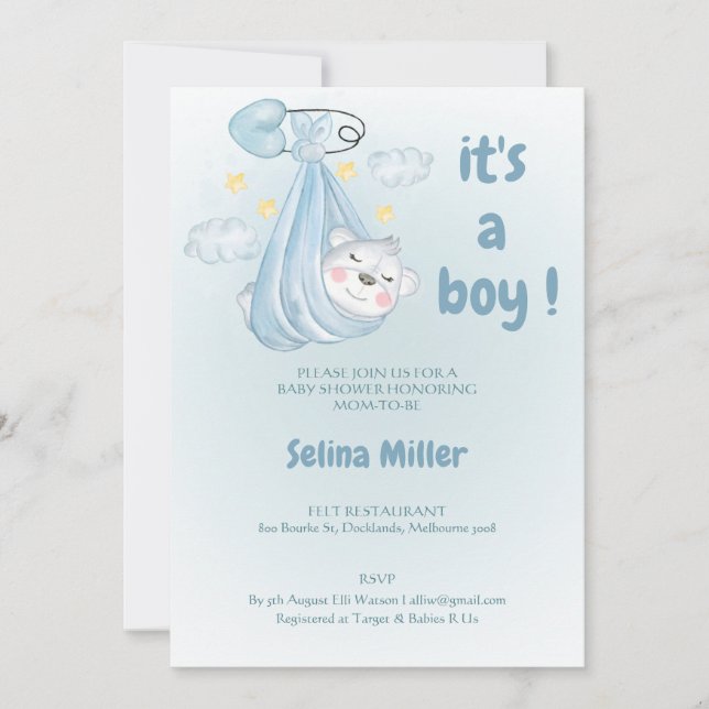 Convite  invitation baby shower boy blue , (Frente)