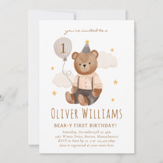 Convite Invitation bear 1st birthday blue balloon